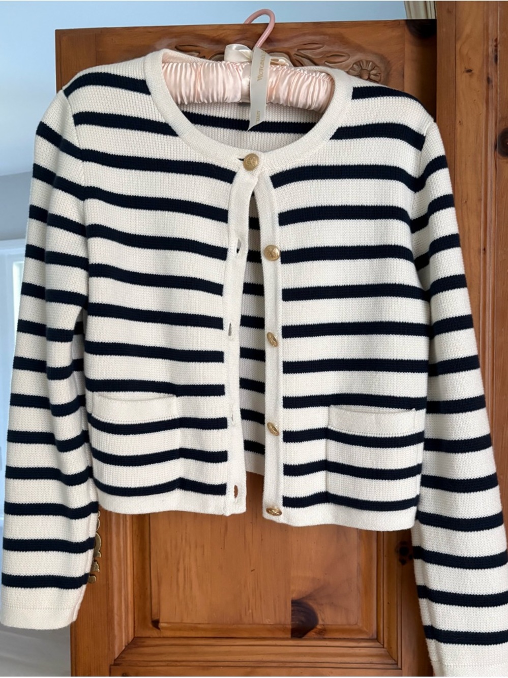 J Crew Striped Knit Cardigan in Cream and Navy with gold buttons.  Brand new!